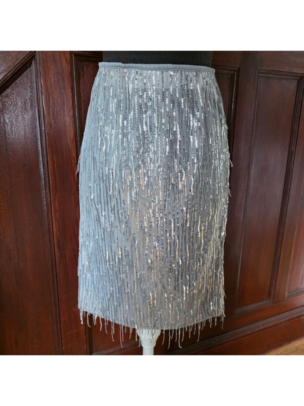 G By Giuliana Black Label Silver Sequin Fringe Skirt 1X Party Wear NWT